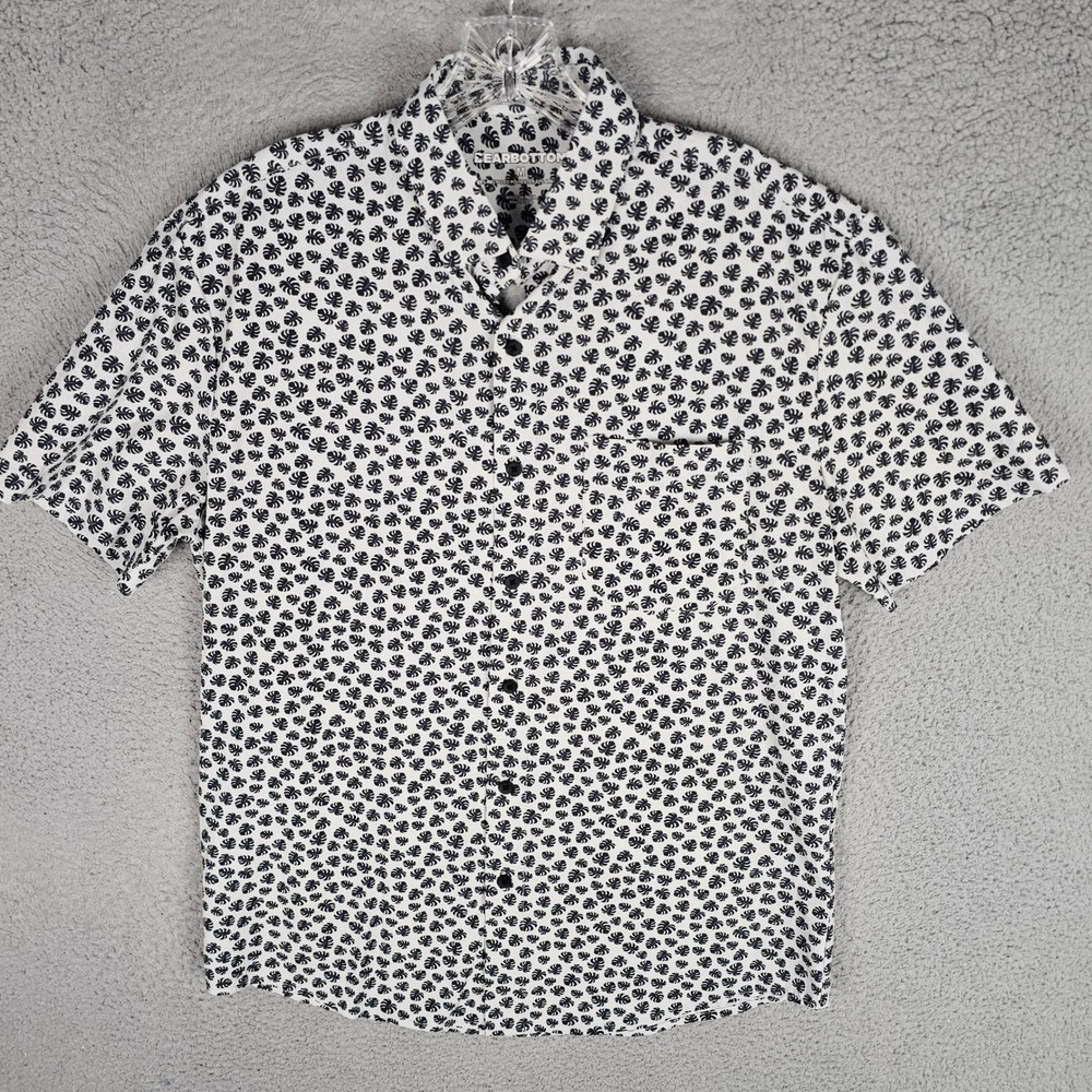 Bearbottom Button Down Mens M White Monstera Leaf Print Stretch Short Sleeve